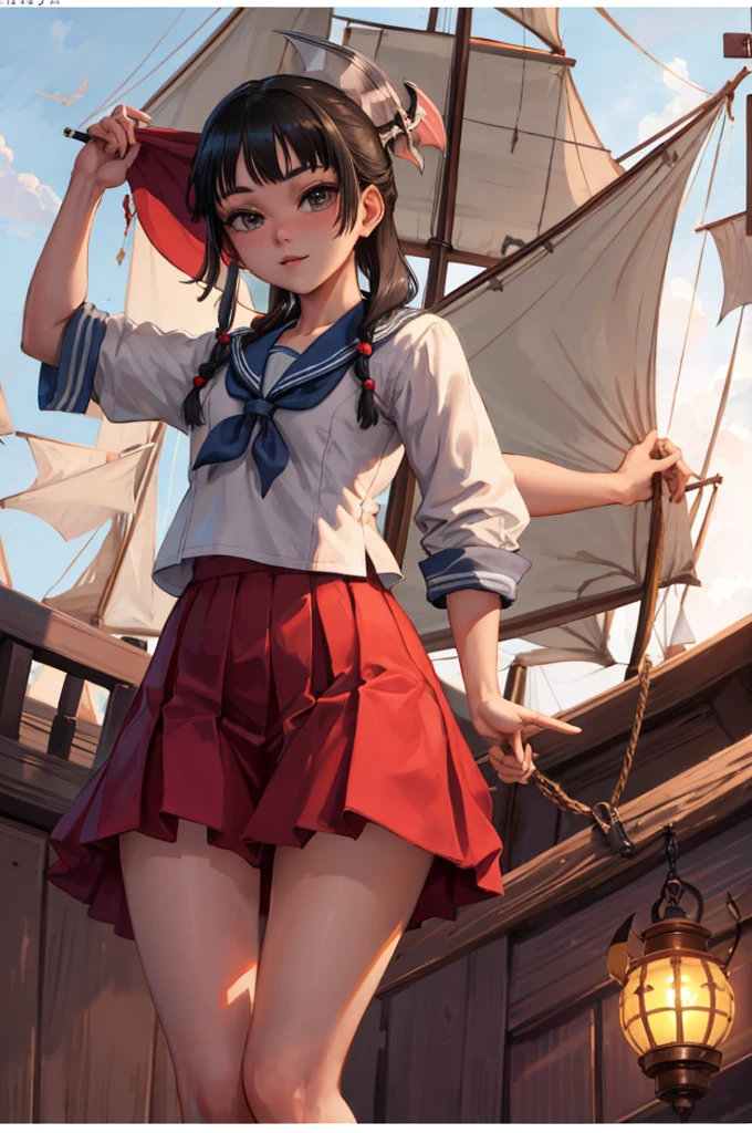 One Girl（８Year）, pirate, Highest quality、Cinema Lighting、Sailor suit、Long skirt、 On the mast of a galleon、White panties,