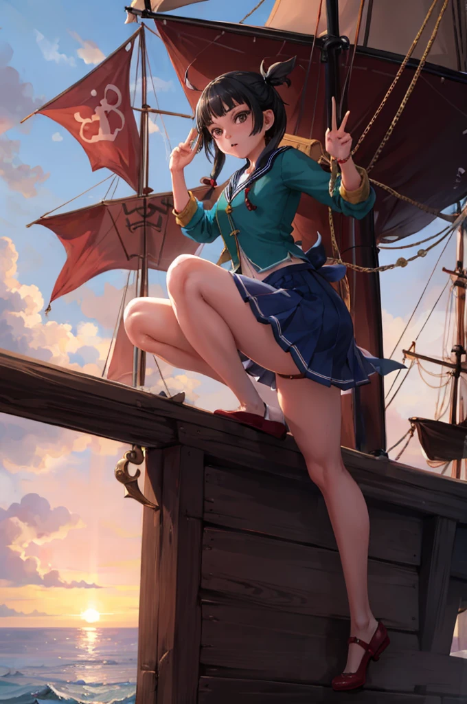 One Girl（８Year）, pirate, Highest quality、Cinema Lighting、Sailor suit、Long skirt、 On the mast of a galleon、White panties,