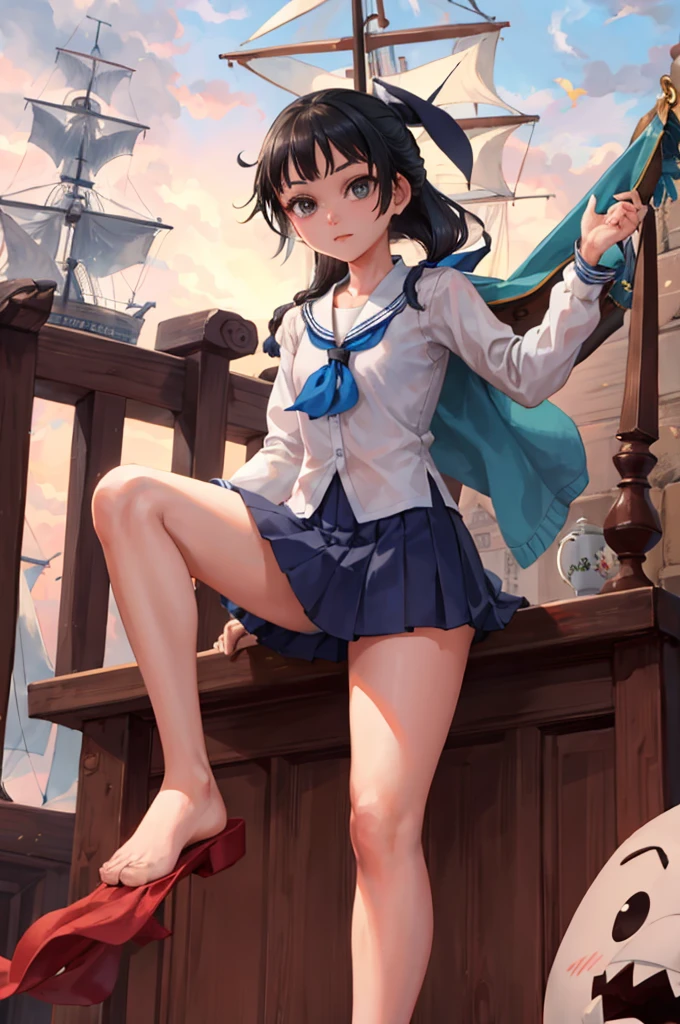 One Girl（８Year）, pirate, Highest quality、Cinema Lighting、Sailor suit、Long skirt、 On the mast of a galleon、White panties,