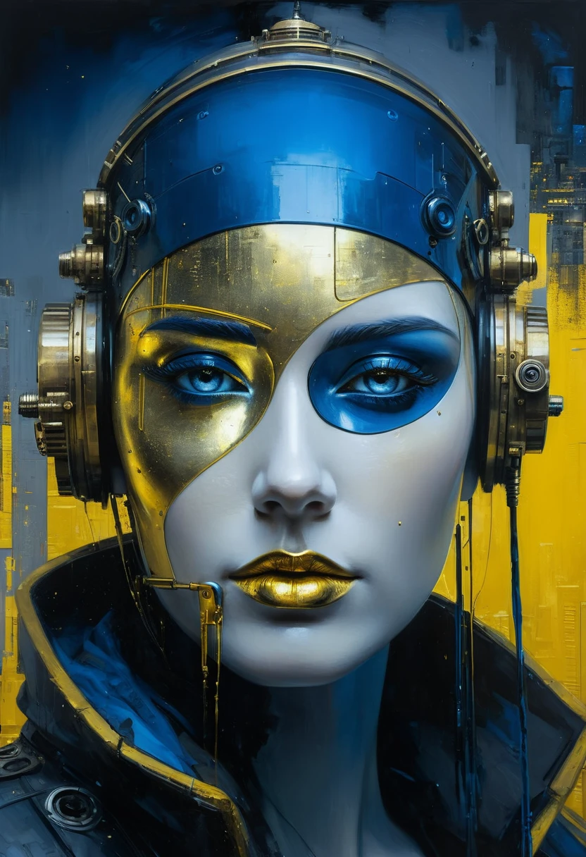 High relief with plaster oil painting Big face composed and made by dreamlike elements, futuristic steampunk high technology, cyberpunk, artwork Jeremy Mann, at night, deep grey and black blue and golden yellow, 4D, 8K, photorealistic, dreamlike, big and complex composition storytelling, masterpiece, Impressionism