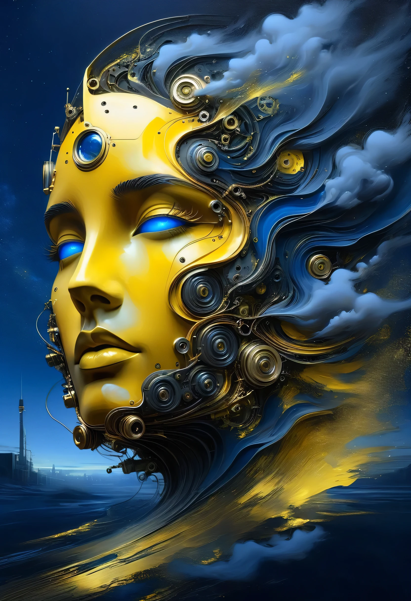 High relief with plaster oil painting Big face composed and made by dreamlike elements and metal machines, futuristic steampunk, artwork Jeremy Mann, at night, deep grey and black blue and golden yellow, 4D, 8K, photorealistic, dreamlike, big and complex composition storytelling, masterpiece, Impressionism