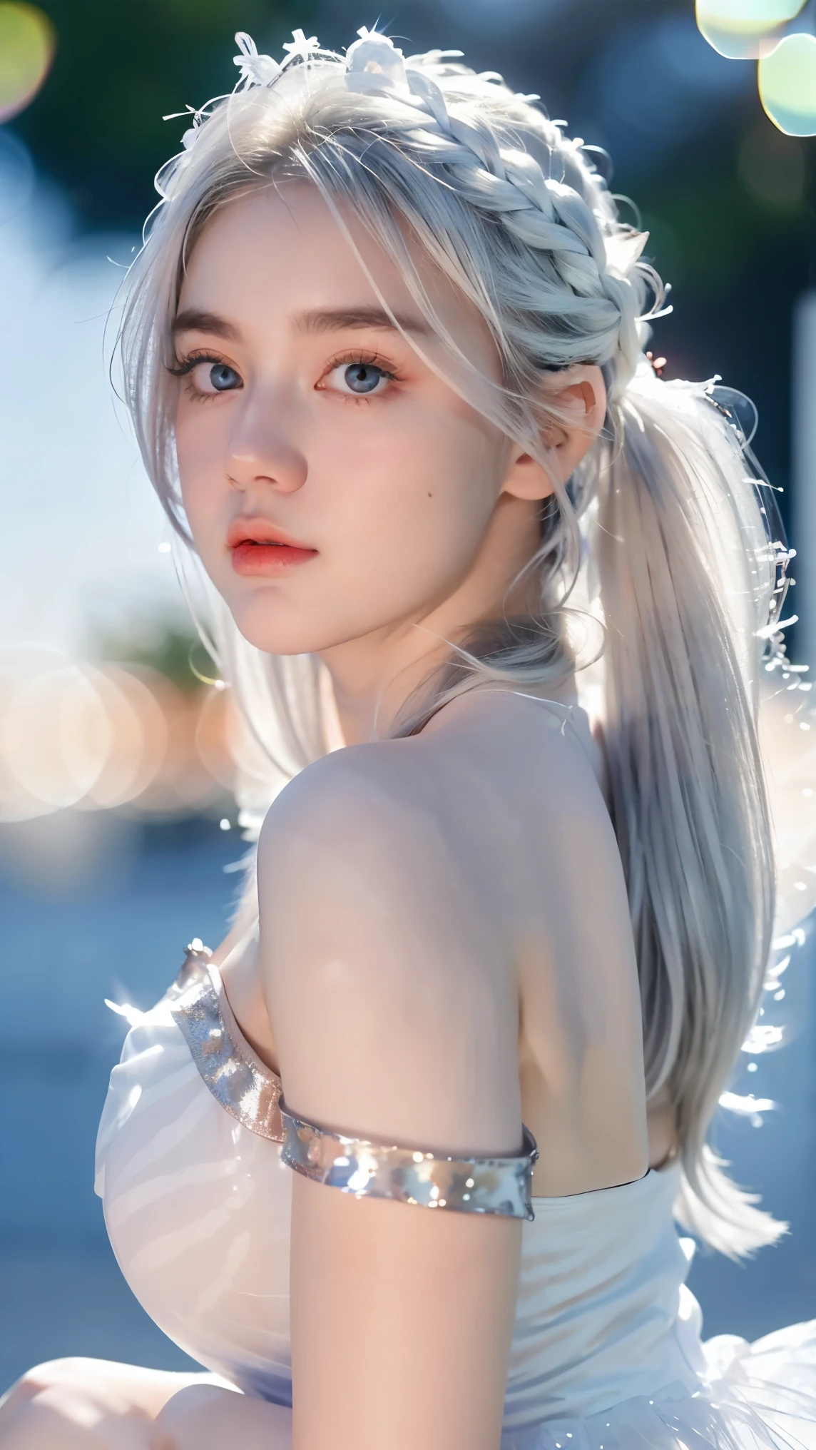 Georgeous, Beautiful, Cute, Baby Face, 18 Years Old, White Skin, Cleavage, ((Large Colossal Breast:1.3)), Sleeveless, Off Shoulder, Strapless, ((Transparent:1.3)), ((White Long Lolita Dress)), (Embroidery), Posing, ((Silver Hair)), ((Bright Blue Eye)), ((Muscles:1.3)), ((Bokeh:1.3)), Animal Farmer Background, Masterpiece, Twintails