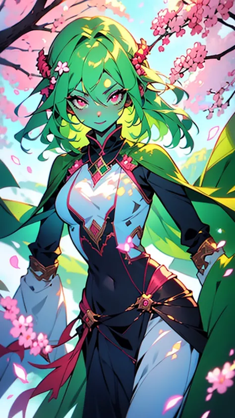 anime style, green skin plant girl, green skin, pink hair, leaves visible on the body, beautiful character, red eyes, captivatin...