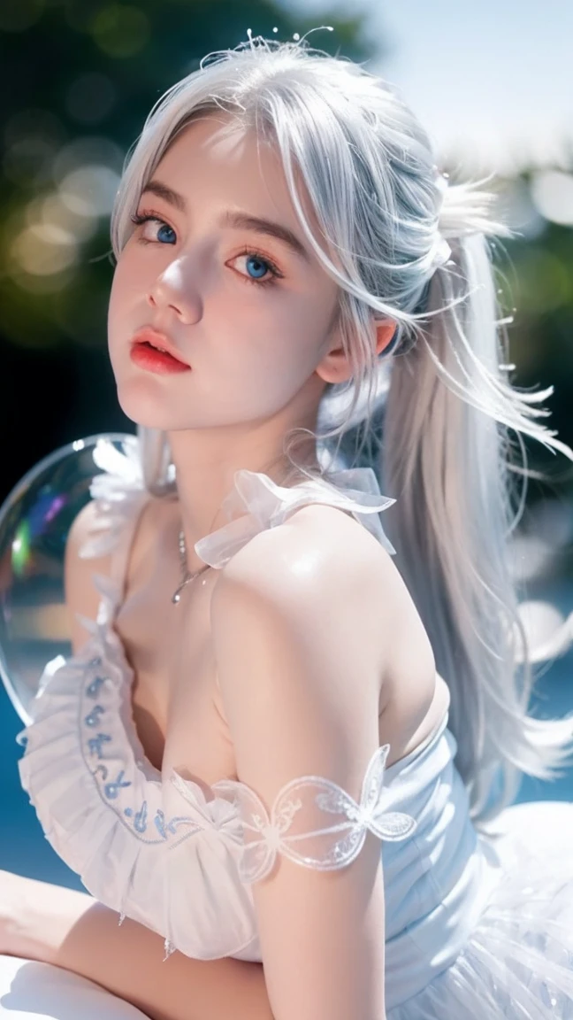 Georgeous, Beautiful, Cute, Baby Face, 18 Years Old, White Skin, Cleavage, ((Large Colossal Breast:1.3)), Sleeveless, Off Shoulder, Strapless, ((Transparent:1.3)), ((White Long Lolita Dress)), (Embroidery), Posing, ((Silver Hair)), ((Bright Blue Eye)), ((Muscles:1.3)), ((Bokeh:1.3)), Animal Farmer Background, Masterpiece, Twintails