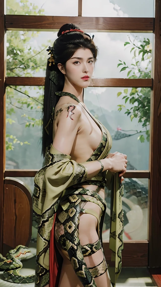 (masterpiece), best quality, expressive eyes, perfect face, HD, Benisato, kunoichi, snakes tattooed, chin, She is a tall and matured woman with a slender curvaceous build with long legs and arms, Although a ninja herself, Benisato has the appearance of a beautiful and seductive geisha, She has porcelain skin and long dark hair tied back in a coif with a hairpin and traditional comb, Benisato is covered in serpent tattoos that come alive when she uses her powers and will usually appear naked during a battle to throw off her male victims, She wears traditional Japanese geisha robes, full body, pants, long sleeves, Vest, sandals, kimono, Hongli, snakes supranatural 