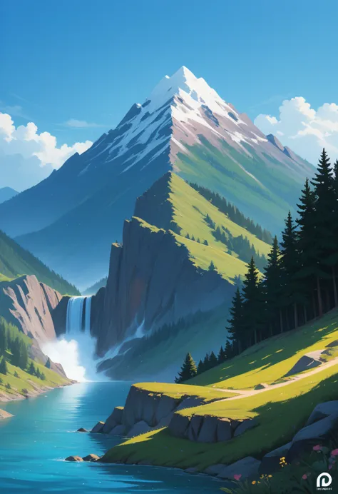 impressive painting of a mountain with trees and water, a detailed painting by petros afshar, shutterstock contest winner, envir...