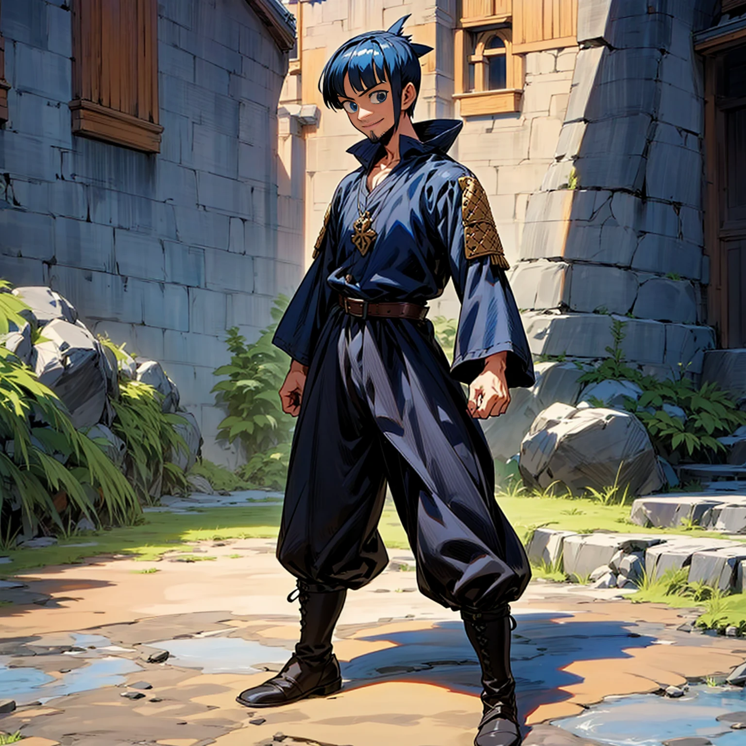 Solo character, old man, beard, full body version, blue eyes, black half blue colour hair, short mohawk haircut, casual clothing, black color clothing, black pants, belt, boots, outdoor, village, medieval, afternoon, standing gesture, detailed clothing, detailed hair, detailed background, (one piece style art), smile mouth, happy,