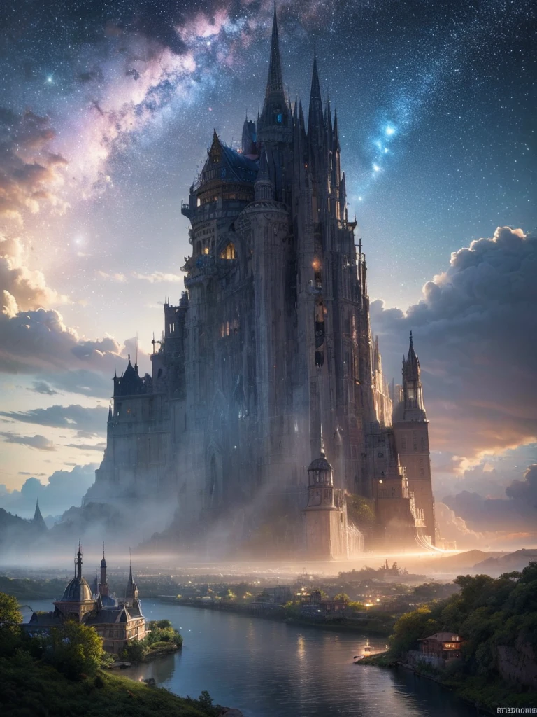 (8k, highest quality, masterpiece, final fantasy style: 1.2), (unRealistic, photoRealistic: 1.37), Dreamy landscape, Fantasy, Unsurreal landscapes, Super detailed, Flying Castle, Floating Island in the Sky, Seven-colored swirl of light, Intense lightning, milky way, Complex Light, Colored light, Large Lake, Starry sky reflected on the lake surface, Countless shining stars, Meteors,  Reflections , (A pillar of light emanated from the ground:1,2), roses and orchids gardens , sunset, pink clouds, waterfalls in the sky, realistic style, Hyperrealism drawing, a flying pirate spaceship floating at the clouds level, burning skyscrapers, cyborgs, timeless realms, stunning  princess  , floating hair, pink lipstick, cute, naked shoulders ,  casting spell, healing light magic effect, in a magical lagoon of the fairyland, crystal clear water surface reflections, sharp focus, looking at viewer, (close-up:0.9), (bright white theme:1.2), (bright white tone:1.2), (deep blue tone:1.3), realistic, Hyperrealism,