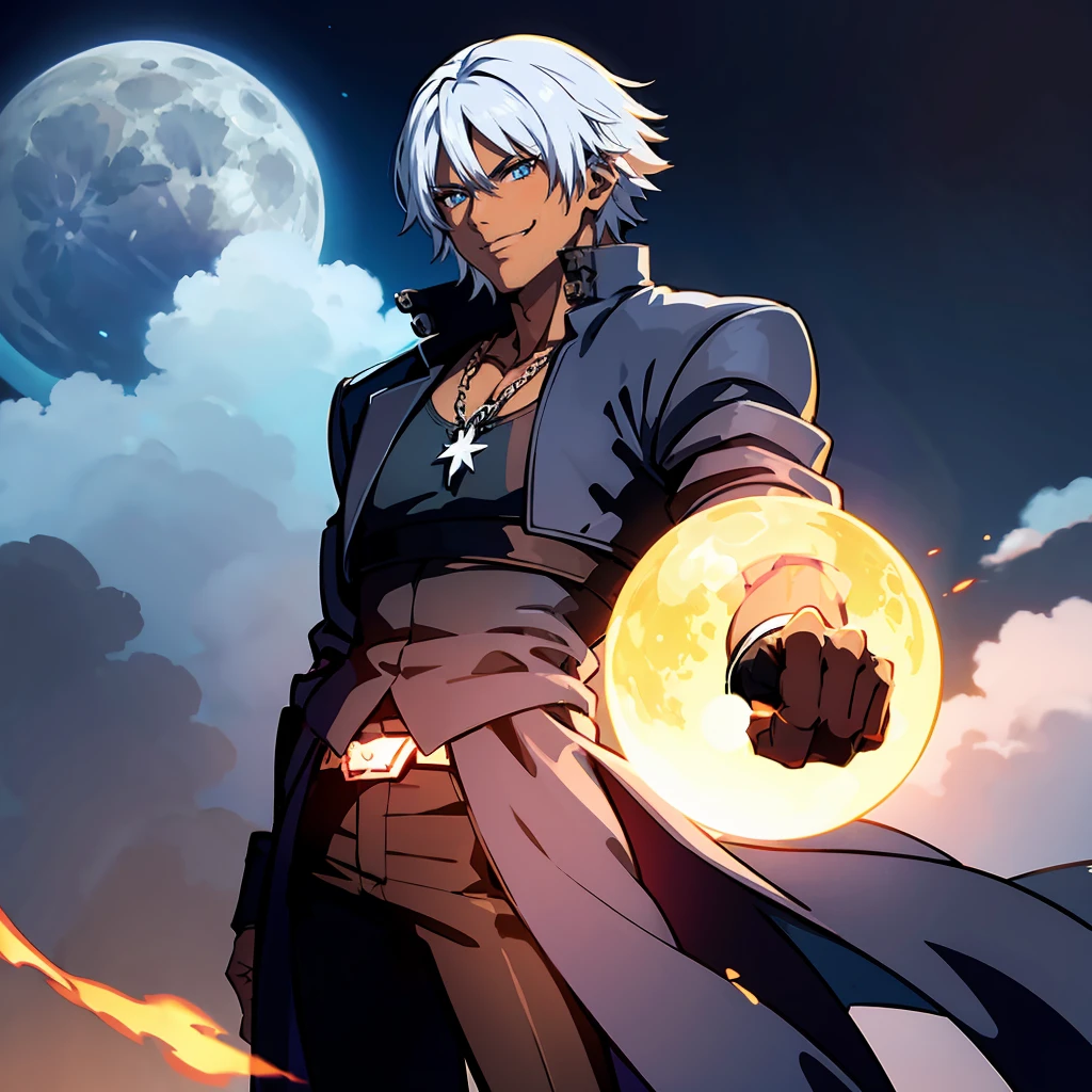 A Dark skinned young anime man, side swept silver hair, fiery light blue eyes, producing blue fire out of his fist, wearing a blue combat trench coat over a black tank top with black slacks and a chain on the hip, steel necklace with a blue dragon pendant around his neck, with sleeves rolled up to his elbows and a cocky smile, standing on a rooftop in front of  a large moon with a blue dragon in the sky