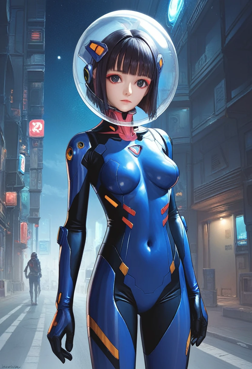 1girl, solo, anime style, 4k quality, masterpiece, best quality, yui, blunt bangs, black hair, black eyes, street, eyeliner, fortified suit, ((blue:1.5) plugsuit), short hair, outdoors, cinematic light, medium breasts, covered navel, space helmet, muvluv, space helm, eva helm, cyberpunk, dark sky, cowboy shot,