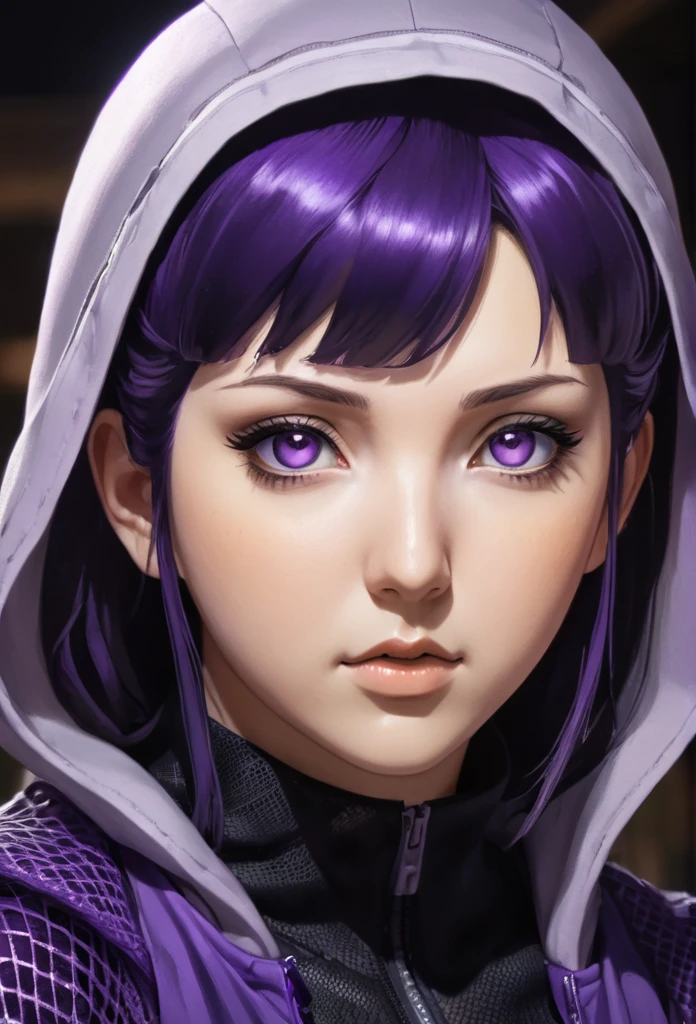 A woman (hyuuga hinata) with Roxo hair and Luminous eyes(Empty eyes)  looks at the camera, 
fishnets,black bodysuit,fishnet bodysuit,no panties,no bra,covered nipples, headband around neck, purple hooded jacket, hooded jacket, fishnets, headband around neck, konohagakure symbol, 
Beautiful picture of the character, character portrait, character portrait, 🤤 hinata huyga character art, epic portrait illustration, Details character portrait, neo-artcore and high quality portrait, fantasy concept art portrait, detailed matte fantasy portrait, charlie bowater art style, Detailed beautiful portrait, fantasy art portrait
oil and watercolor painting, dark, chiaroscuro, MythAn1m3