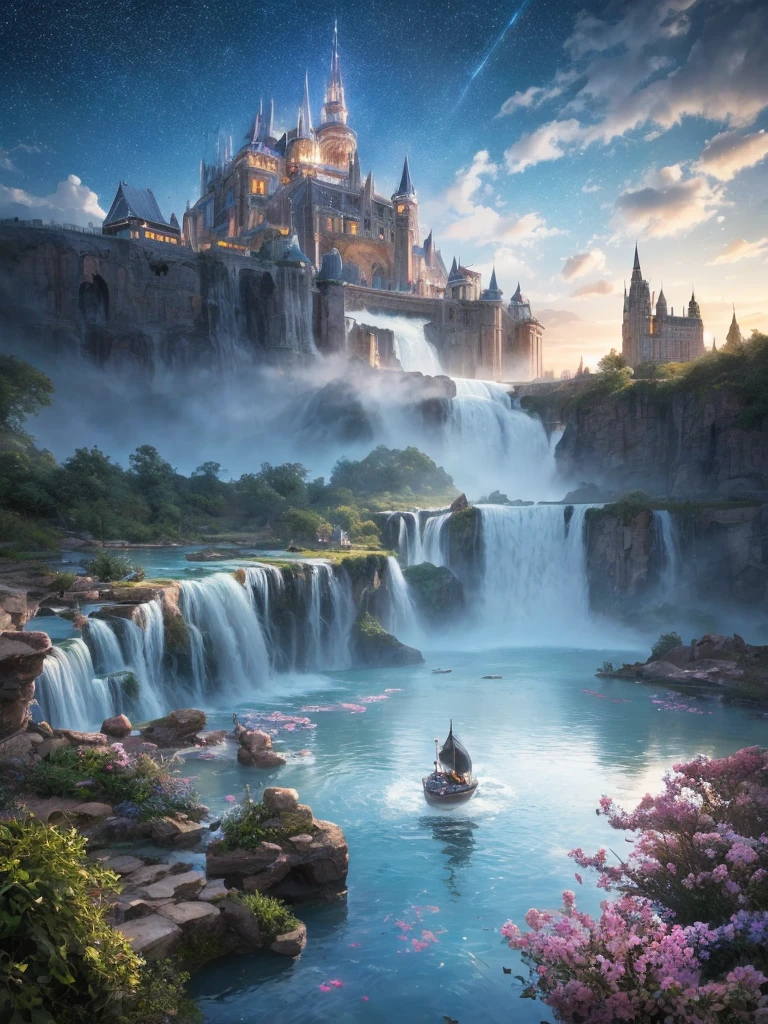 (8k, highest quality, masterpiece, final fantasy style: 1.2), (unRealistic, photoRealistic: 1.37), Dreamy landscape, Fantasy, Unsurreal landscapes, Super detailed, Flying Castle, Floating Island in the Sky, Seven-colored swirl of light, Intense lightning, milky way, Complex Light, Colored light, Large Lake, Starry sky reflected on the lake surface, Countless shining stars, Meteors,  Reflections , (A pillar of light emanated from the ground:1,2), roses and orchids gardens , sunset, pink clouds, waterfalls in the sky, realistic style, Hyperrealism drawing, a flying pirate spaceship floating at the clouds level, burning skyscrapers, cyborgs, timeless realms, stunning  princess  , floating hair, pink lipstick, cute, naked shoulders ,  casting spell, healing light magic effect, in a magical lagoon of the fairyland, crystal clear water surface reflections, sharp focus, looking at viewer, (close-up:0.9), (bright white theme:1.2), (bright white tone:1.2), (deep blue tone:1.3), realistic, Hyperrealism,