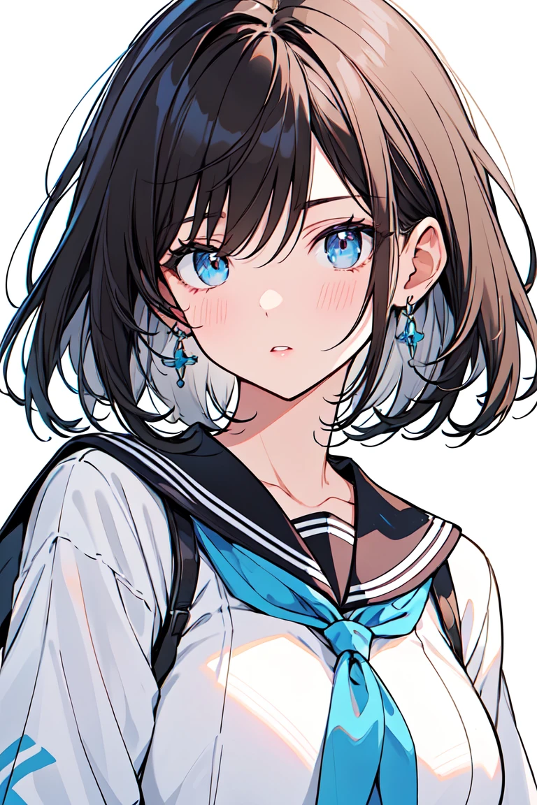 (best quality), (Super detailed), (Best Illustration), (masterpiece), score_9, score_8_up, score_7_up, (4k), (1woman), (white serafuku), (large breasts), {brown hair, (sideburns), (bob cut:1.3), curly hair, hairs between eyes, colored inner hair}, blue eyes, parted lips, expressionless, blush, earring,