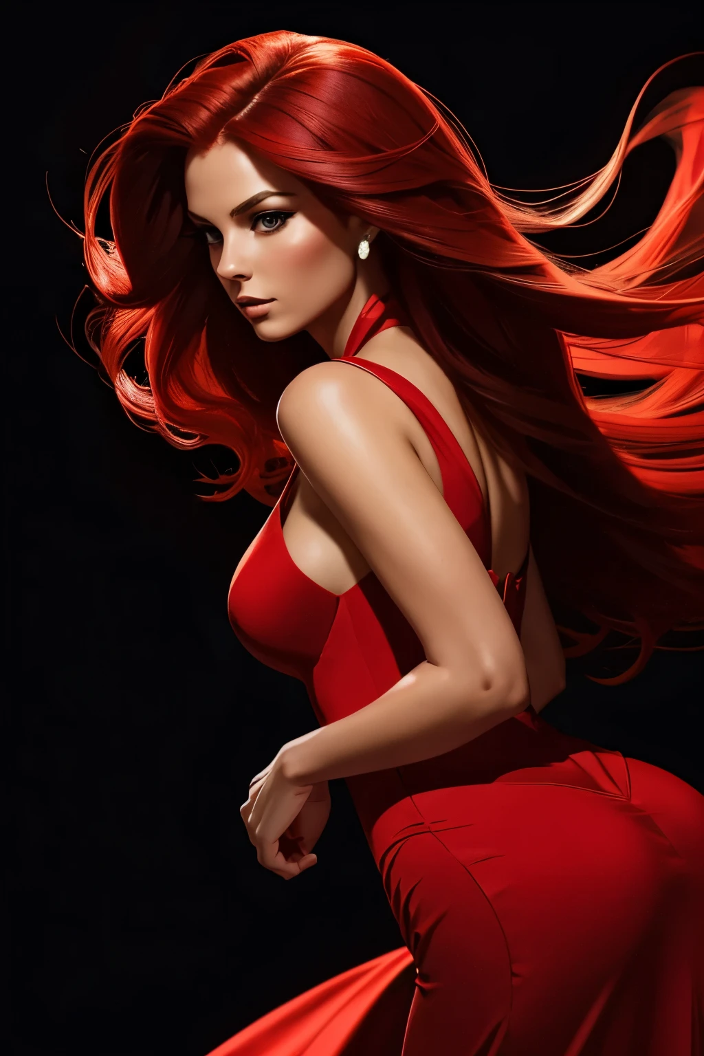 Digital illustration depicting a beautiful woman in an elegant, tight-fitting red dress. The style is highly stylized and focuses on dramatic lighting and shadows. The woman is depicted in profile, facing right, with her loose red hair cascading down her back. The dress has a deep V-neckline and hugs her figure, flaring slightly at the bottom. The background is solid black, which contrasts sharply with the vibrant red of the dress and hair, creating a striking visual effect. The overall composition emphasizes elegance and sophistication.