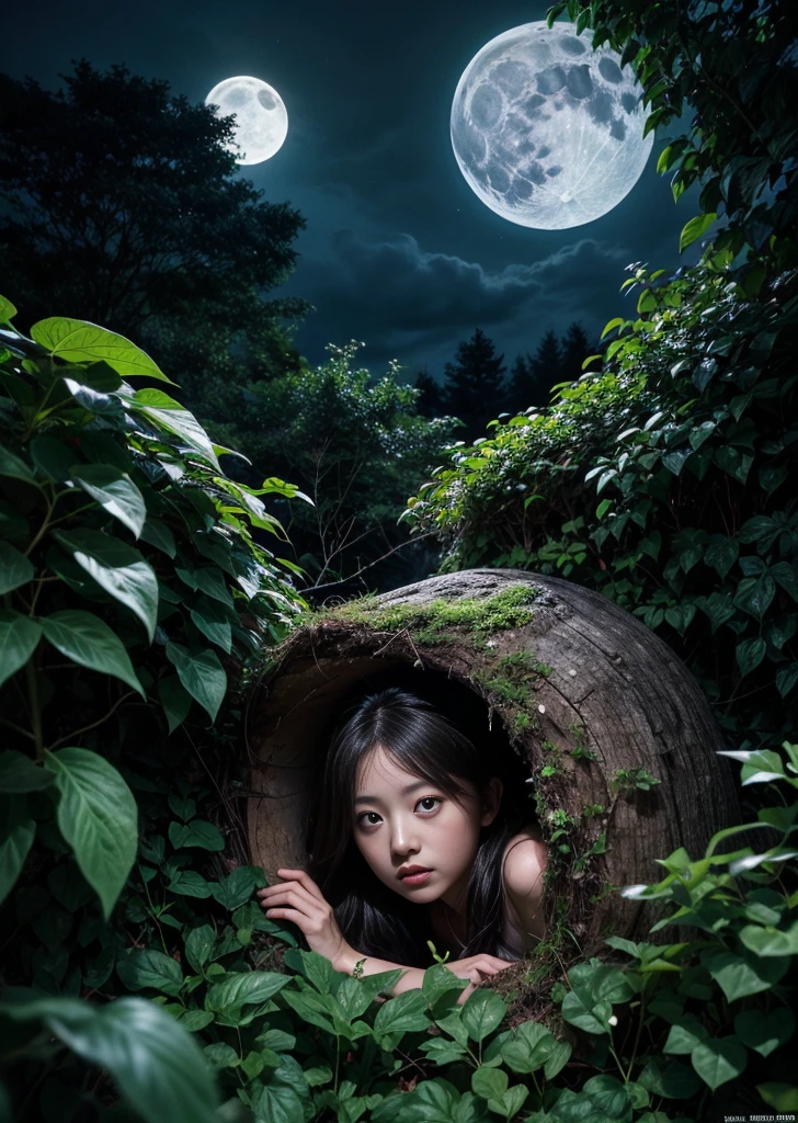 1 Female、A cute  in a hole in the ivy leaves wrapped around a thick tree、、in the forest、Pale moonlit night、The moon is half hidden by the clouds、Fantastic、High color reproducibility、Attention to detail、、Fascinating、Cinematic lighting、