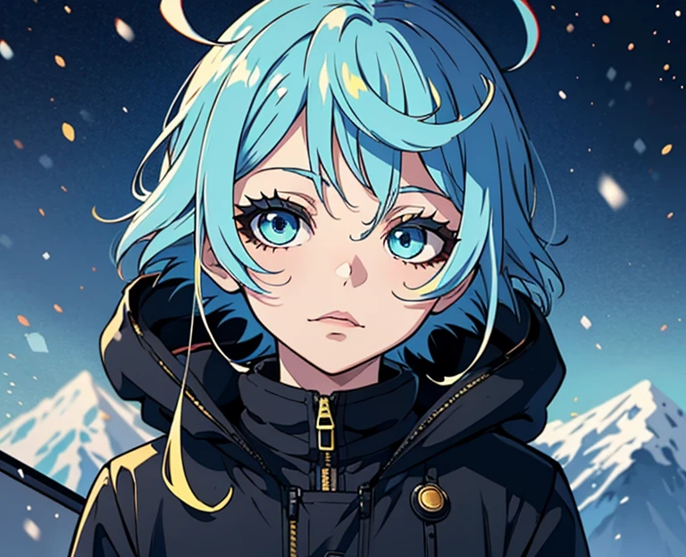 Best Quality、masutepiece、Ultra-detailed、face perfect、Extremely detailed、Extremely delicate、1 boy, (cute little), Angel, lightblue hair、half up、place々Blue Mesh、blue and yellow gradient eyes、Noble attire、Black coat、gray collared shirt、Black pants、snow mountains、snow blowing