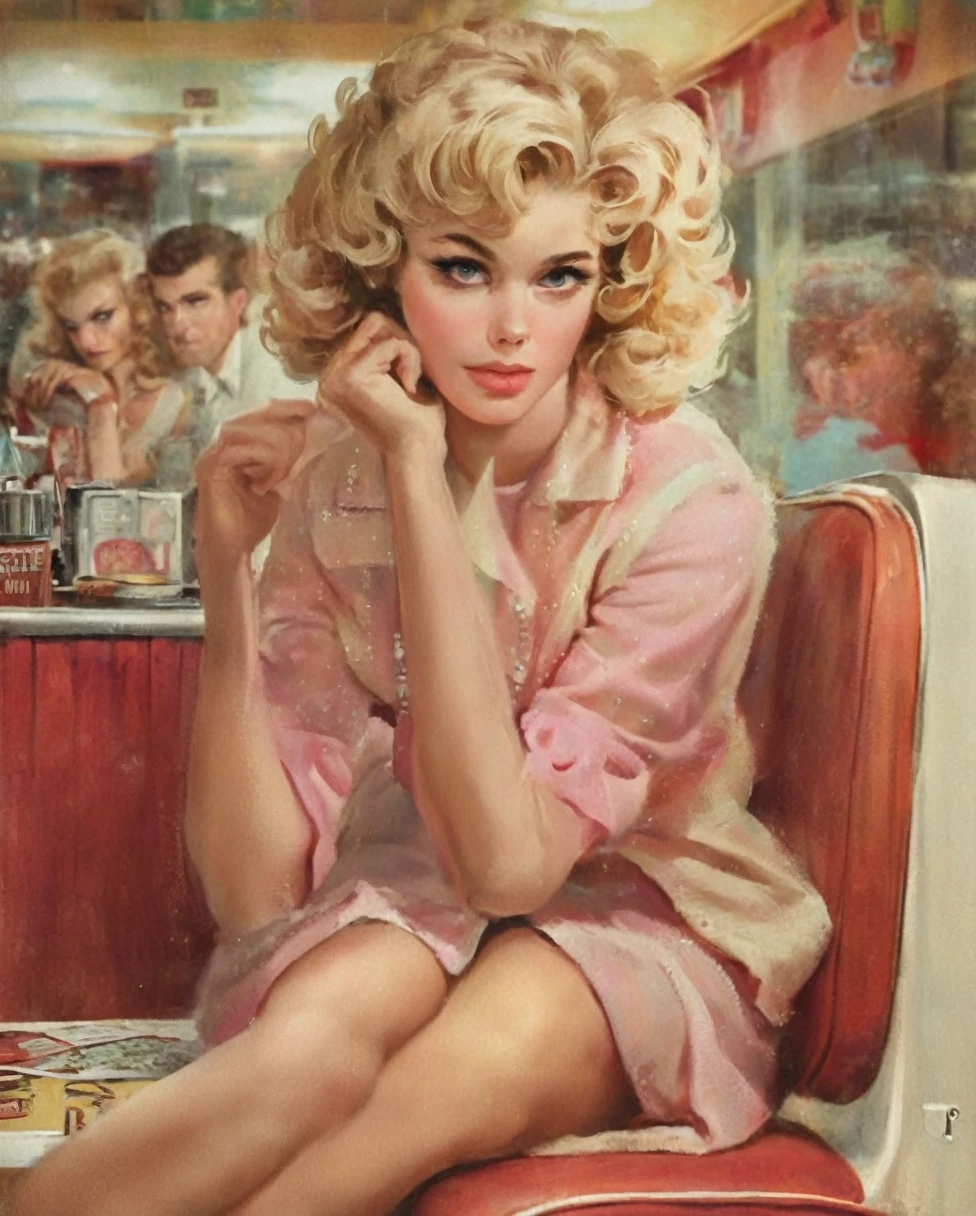 Sitting in a diner at night in the 1960s、Beautiful young woman with a bored look, 1960s style, Vintage_p_style, Retro, Blonde,Curly Hair,