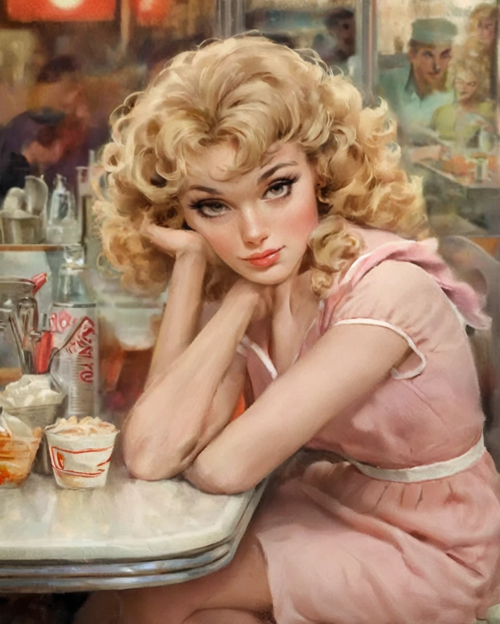 Sitting in a diner at night in the 1960s、Beautiful young woman with a bored look, 1960s style, Vintage_p_style, Retro, Blonde,Curly Hair,