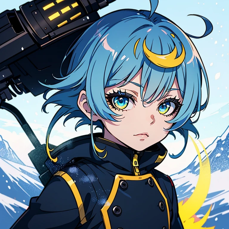 Best Quality、masutepiece、Ultra-detailed、face perfect、Extremely detailed、Extremely delicate、1 boy, (cute little), Angel, lightblue hair、half up、place々Blue Mesh、blue and yellow gradient eyes、Noble attire、Black coat、gray collared shirt、Black pants、snow mountains、snow blowing