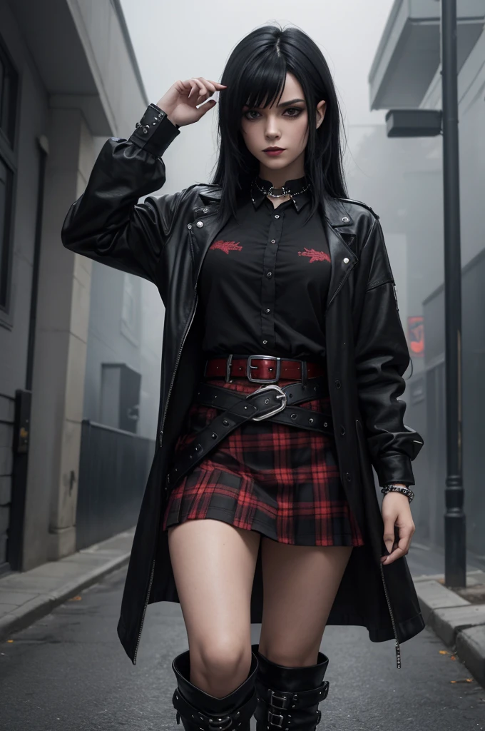 (Best quality,4K,8K,High Definition,masterpiece:1.2),ultra detailed,(realistic,photorealistic,photo-realistic:1.37), small hips,beautiful gothic girl with black hair and side bangs dyed dark red, with a short shirt, with a black and red plaid skirt, with black boots, with a punk bracelet and a punk belt, in full length, on a foggy night streetHigh resolution, full detailed, better image quality, Believe me a beautiful goth girl, who has black hair with Half-sided bangs painted dark red, with a short shirt that shows the man, with a black and red plaid skirt, with black boots, with a punk style bracelet, and the punk style belt, full body, on a foggy night street