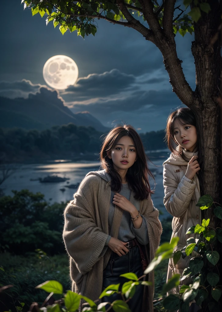 2Women、A cute  standing in a hole made of ivy leaves wrapped around a thick tree、Owl Perched on a Tree、in the forest、Pale moonlit night、The moon is half hidden by the clouds、Fantastic、High color reproducibility、Attention to detail、、Fascinating、Cinematic lighting、Focus on the face、