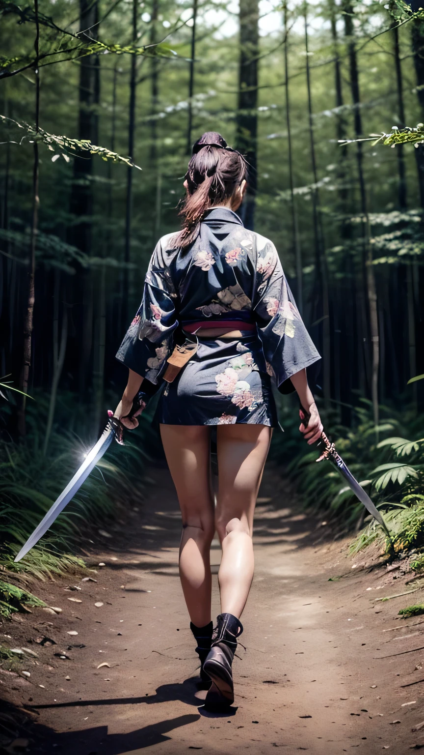 (was:1.3、((A female ninja standing in a fighting position with a weapon in the forest:1.5)、With background)、(Female ninja with a sword:1.5))、(Realistic、Like a photograph、Live Action、8k, Realistic, RAW Photos, Best image quality: 1.4), Single-lens reflex camera、RAW Photos, Highest quality, Realistic, Highly detailed CG Unity 8k wallpaper, Written boundary depth, Cinematic Light, Lens flare, Ray Tracing, Realistic background、(kunoichi:1.4、White floral kimono:1.5、p-line:1.3)、Grey Hair、short hair、Short Ponytail、((Ultra-Dense Skin))、 1 girl,Cute Kunoichi、(whole body:1.5)、I like that style、Pay attention to the details、Perfect outfit、(White skin)、Accurate Arm、Accurate feet、Beautiful legs、Precise thighs、Anatomically correct body、View from behind