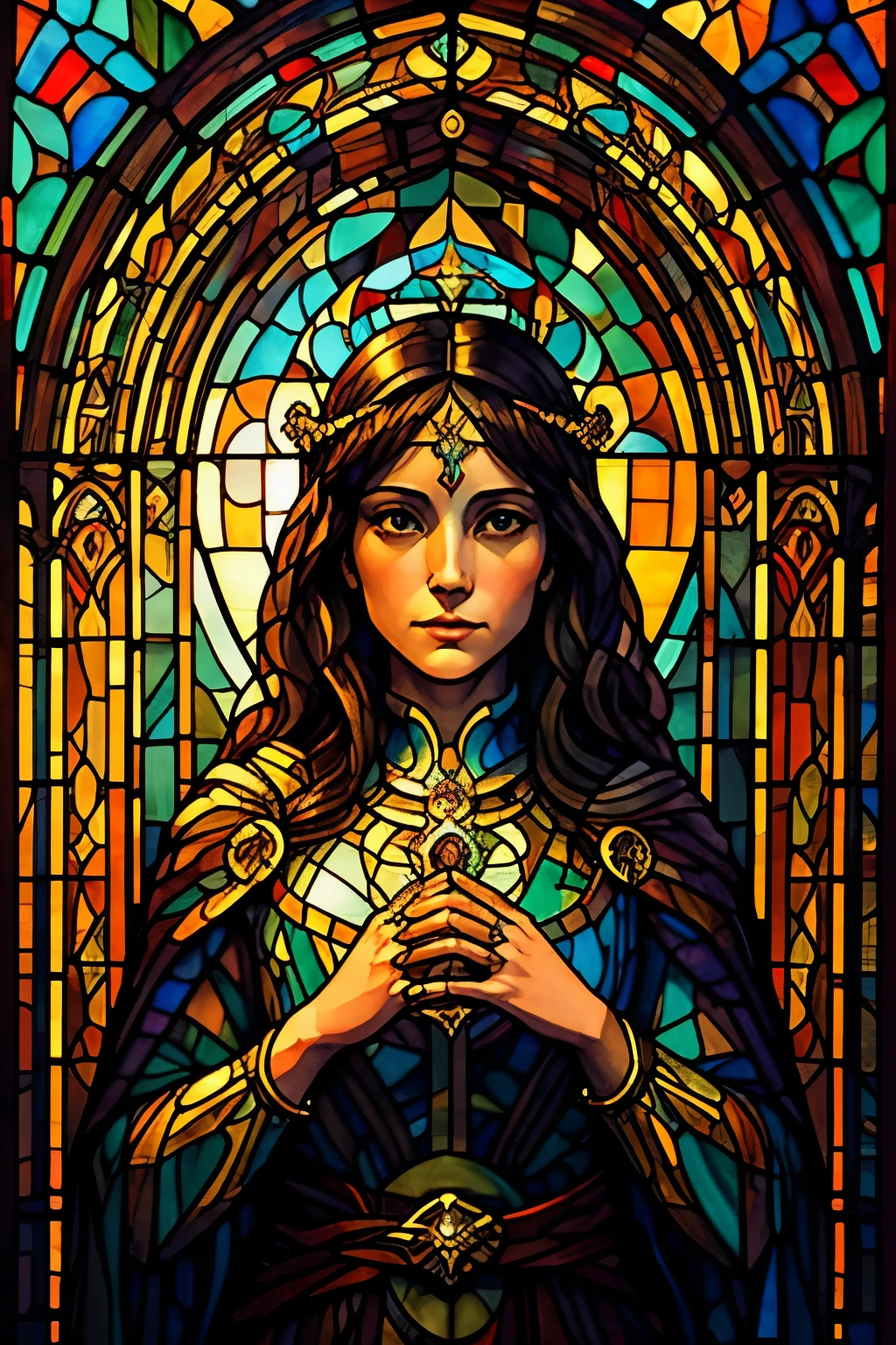 Stained Glass Mural, Catholic Church Shrine, Medieval Fantasy, Female, Beautiful Brunette Woman, Goddess of Love and Compassion, The Mother Goddess, Twin Doves, Mother Mary, Weeping Woman, Halo