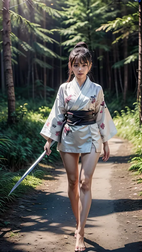 (was:1.3、((a female ninja standing in a fighting position with a weapon in the forest:1.5)、with background)、(female ninja with a...