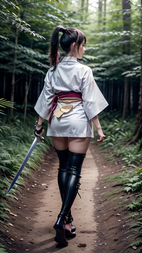 (was:1.3、((a female ninja standing in a fighting position with a weapon in the forest:1.5)、with background)、(female ninja with a...