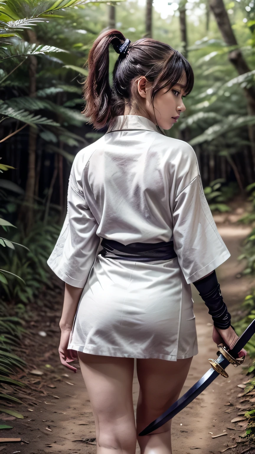 (was:1.3、((A female ninja standing in a fighting position with a weapon in the forest:1.5)、With background)、(Female ninja with a sword:1.5))、(Realistic、Like a photograph、Live Action、8k, Realistic, RAW Photos, Best image quality: 1.4), Single-lens reflex camera、RAW Photos, Highest quality, Realistic, Highly detailed CG Unity 8k wallpaper, Written boundary depth, Cinematic Light, Lens flare, Ray Tracing, Realistic background、(kunoichi:1.4、White floral kimono:1.5、p-line:1.3)、Grey Hair、short hair、Short Ponytail、((Ultra-Dense Skin))、 1 girl,Cute Kunoichi、(whole body:1.5)、I like that style、Pay attention to the details、Perfect outfit、(White skin)、Accurate Arm、Accurate feet、Beautiful legs、Precise thighs、Anatomically correct body、View from behind