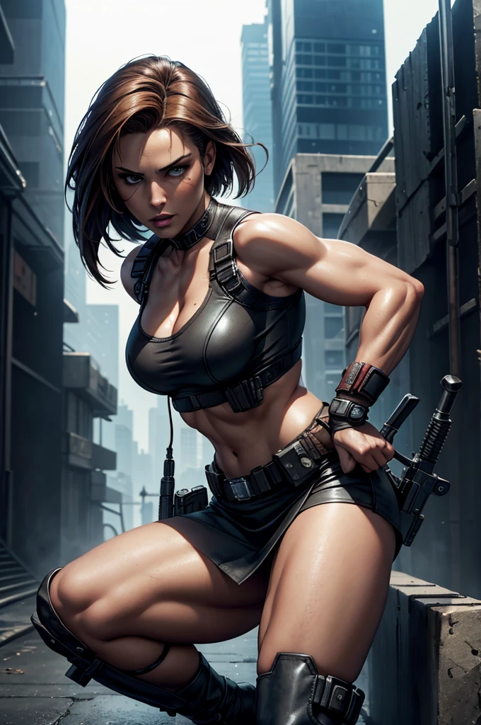 a close up of a woman in a short skirt and boots, a digital rendering inspired by Eve Ryder, deviantart, cobra, glamorous jill valentine, female doc savage, shadowrun character art, female lead character, zenescope, joe chiodo, muscular sweat lara croft, as a character in tekken, cammy, fighter pose, duke nukem art style, badass pose.quality, (photorealism: 1.4), Create dystopian masterpieces, Pay attention to small details, Sharp focus. The palms of the hands are clenched into fists. Pay attention to the small details, Sharp focus,