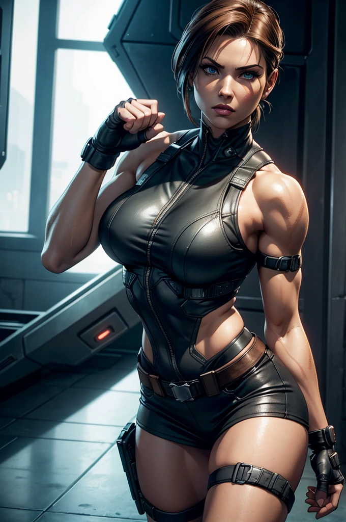 a close up of a woman in a short skirt and boots, a digital rendering inspired by Eve Ryder, deviantart, cobra, glamorous jill valentine, female doc savage, shadowrun character art, female lead character, zenescope, joe chiodo, muscular sweat lara croft, as a character in tekken, cammy, fighter pose, duke nukem art style, badass pose.quality, (photorealism: 1.4), Create dystopian masterpieces, Pay attention to small details, Sharp focus. The palms of the hands are clenched into fists. Pay attention to the small details, Sharp focus,