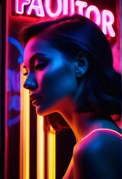 side face silhouette，shadow of beautiful woman under neon sign,huge neon signboard，(neon sign with text:1.5)