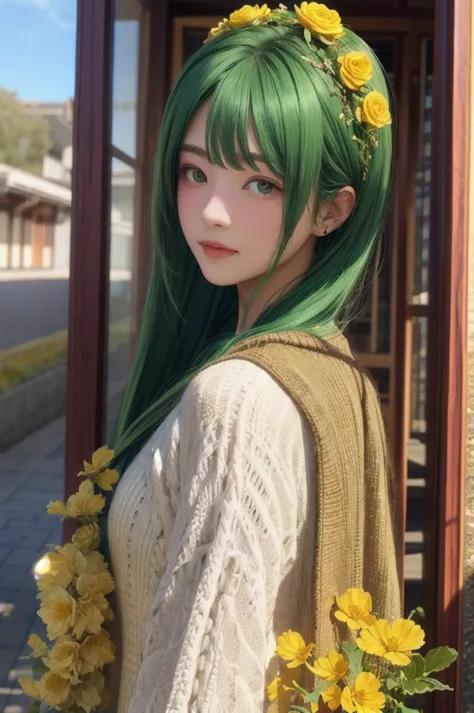 1 girl, best quality, masterpiece, cinematic lighting, (woman with golden flower image), long bob hairstyle, green hair, pale sk...