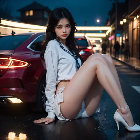 sfw, (closeup from crotch to face) extremelydetailed (schoolgirl lean against the car) spread knees up, perfect face, brilliant(...