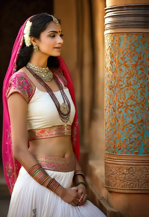 a stunningly beautiful young indian woman in a vibrant, traditional bare midriff top, adorned with intricate beadwork and colorf...