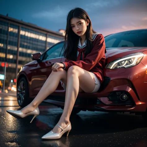 sfw, (closeup from crotch to face) extremelydetailed (schoolgirl lean against the car) spread knees up, perfect face, brilliant(...