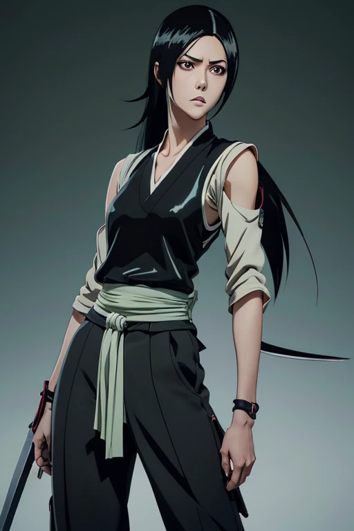 one woman, 8k resolution full body, perfect detailed facial features, grey top outfit, black shinobi sandals, grey pants with light green waist ribbon, sword sheathed on back, concept art, naruto inspired, masashi kishimoto art style, brown eyes, long black hair down ((long flowing black hair)) , cold expression, blood splatters ((PERFECT FACE)) 