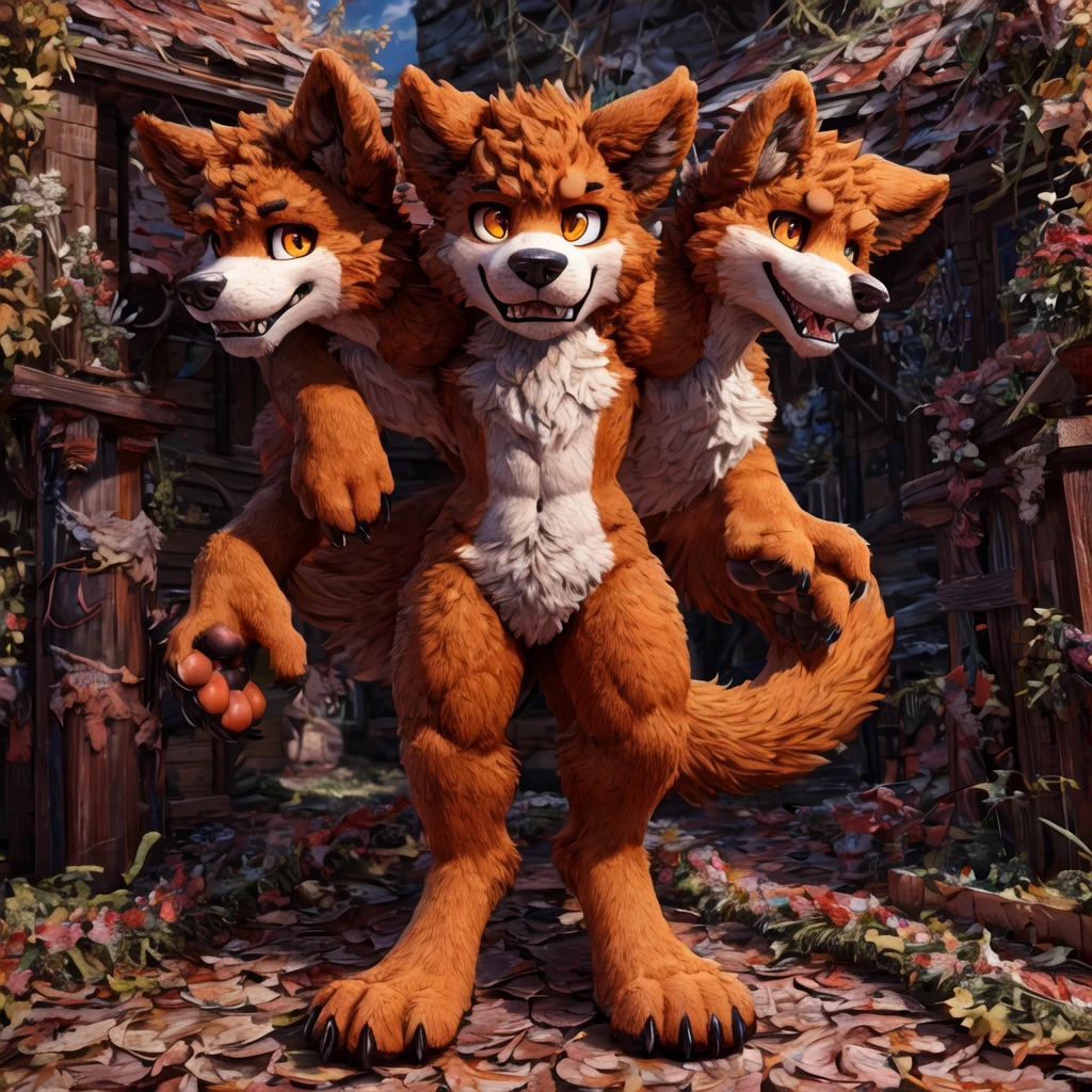 masterpiece,highly detailed,8k resolution,solo,ultra detailed perfect piece,masterpiece,extremely detailed CG 8k,very fine 8K CG,best quality,absurdres,zoomed out view,full body view,must be a large and towering cerberus, height is 7ft 6in which is large,anthro wolf with 3 heads aka a Cerberus, brown fur with a more tan furred underbelly, snout and maws on our own heads, with a curvy and defined muscular feminine body, D cups with thick thighs, a large bushy tail, pointed canine ears, paw-like hands and digigrade legs with paw-like feet, black paws pads and claws too, each of us having our own ears and maw and neck but oke singular same body

Each head has different eye colors,the middle head has orange eyes, the left head has red eyes, the right head has yellow eyes
All the heads are the same heads but differently,angled after all