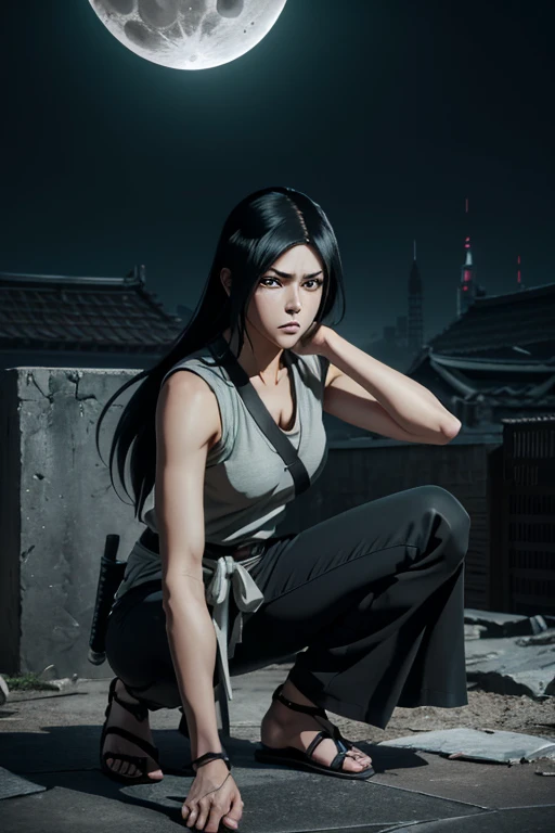 one woman, 8k resolution full body, perfect detailed facial features, grey top outfit, black shinobi sandals, grey pants with light green waist ribbon, sword sheathed on back, concept art, naruto inspired, masashi kishimoto art style, brown eyes, long black hair down ((long flowing black hair)) , cold expression, blood splatters ((PERFECT FACE)) ((crouching on abandond building)) ((moon light back ground)) 