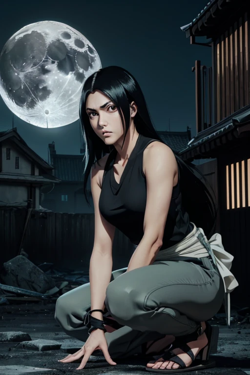 one woman, 8k resolution full body, perfect detailed facial features, grey top outfit, black shinobi sandals, grey pants with light green waist ribbon, sword sheathed on back, concept art, naruto inspired, masashi kishimoto art style, brown eyes, long black hair down ((long flowing black hair)) , cold expression, blood splatters ((PERFECT FACE)) ((crouching on abandond building)) ((moon light back ground)) 