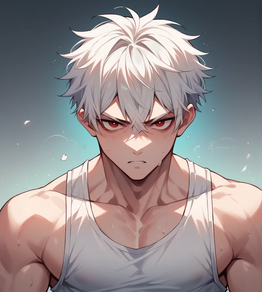 A boy with short white hair, harsh and frightening red eyes, a cold and emotionless expression, and a strong, athletic body