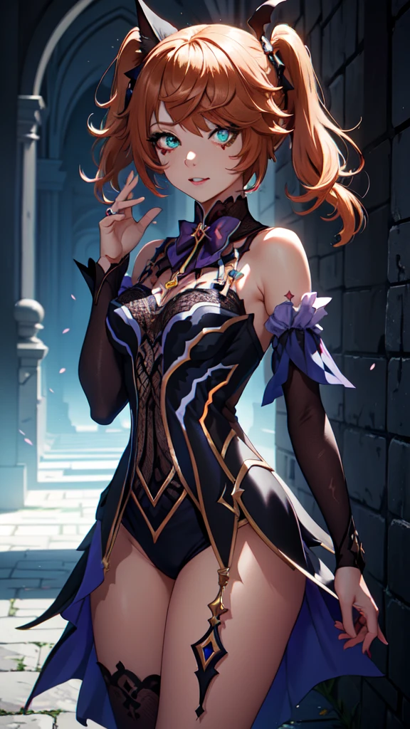 (((Young redhead catgirl)), black eye patch, twin large ponytails, 
BREAK (masterpiece:1.2), best quality, high resolution, unity 8k wallpaper, (illustration:0.8), (beautiful detailed eyes:1.6), extremely detailed face, perfect lighting, extremely detailed CG, (perfect hands, perfect anatomy), joyful, laughing, Happy, thigh corset with deep lace neckline, portrait (3:4), posing. In darkness next to a scary castle.