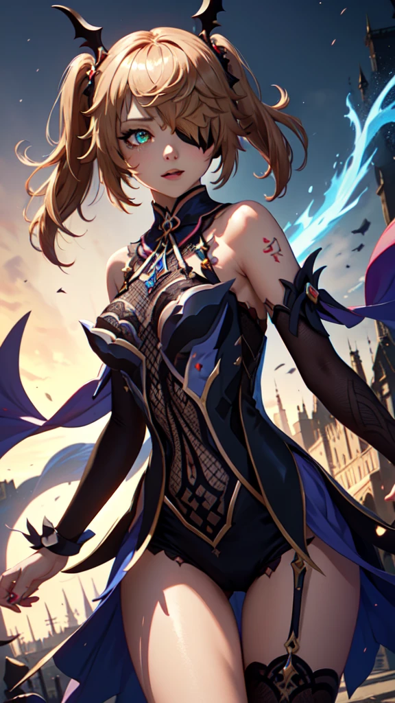 Young redhead xayah, ((redhead catgirl)), ((animal ears)), ((black eye patch)), ((gold_eyes)), twin large ponytails, 
BREAK (masterpiece:1.2), best quality, high resolution, unity 8k wallpaper, (illustration:0.8), (beautiful detailed eyes:1.6), extremely detailed face, perfect lighting, extremely detailed CG, (perfect hands, perfect anatomy), joyful, laughing, Happy, thigh steampunk corset with deep lace neckline, portrait (3:4), posing. In darkness next to a scary castle.