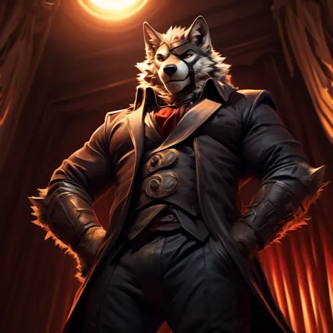 von lycaon, male, solo, eye patch, hands on hips, wolf tail, well-groomed fur, avoid eye contact, fancy motel background, handso...