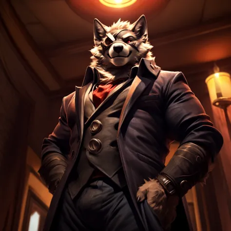 von lycaon, male, solo, eye patch, hands on hips, wolf tail, well-groomed fur, avoid eye contact, fancy motel background, handso...