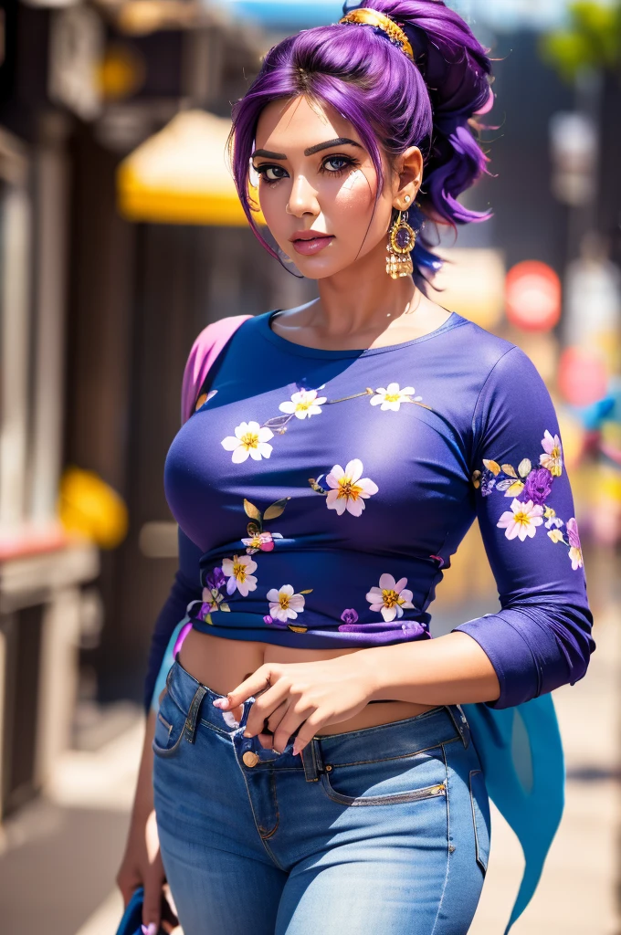 a curvy woman, purple floral top, blue jeans, ponytail hair, walking on street, closeup portrait, best quality, 4k, 8k, highres, masterpiece:1.2, ultra-detailed, realistic, photorealistic:1.37, HDR, UHD, studio lighting, ultra-fine painting, sharp focus, physically-based rendering, extreme detail description, professional, vivid colors, bokeh, portrait