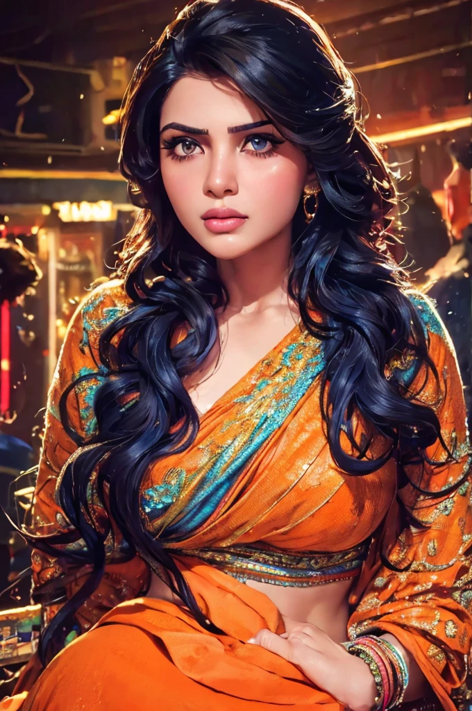 intricate portrait of a curvy indian woman, beautiful detailed eyes, beautiful detailed lips, extremely detailed face and skin, long straight hair, wearing an orange floral top and dark blue jeans, neon lights background, (best quality,4k,8k,highres,masterpiece:1.2),ultra-detailed,(realistic,photorealistic,photo-realistic:1.37),vivid colors,cinematic lighting,dramatic lighting,moody atmosphere,dynamic pose,portrait photography