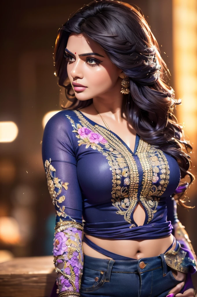 intricate portrait of a curvy indian woman, beautiful detailed eyes, beautiful detailed lips, extremely detailed face and skin, long straight hair, wearing a purple floral top and dark blue jeans, neon lights background, (best quality,4k,8k,highres,masterpiece:1.2),ultra-detailed,(realistic,photorealistic,photo-realistic:1.37),vivid colors,cinematic lighting,dramatic lighting,moody atmosphere,dynamic pose,portrait photography