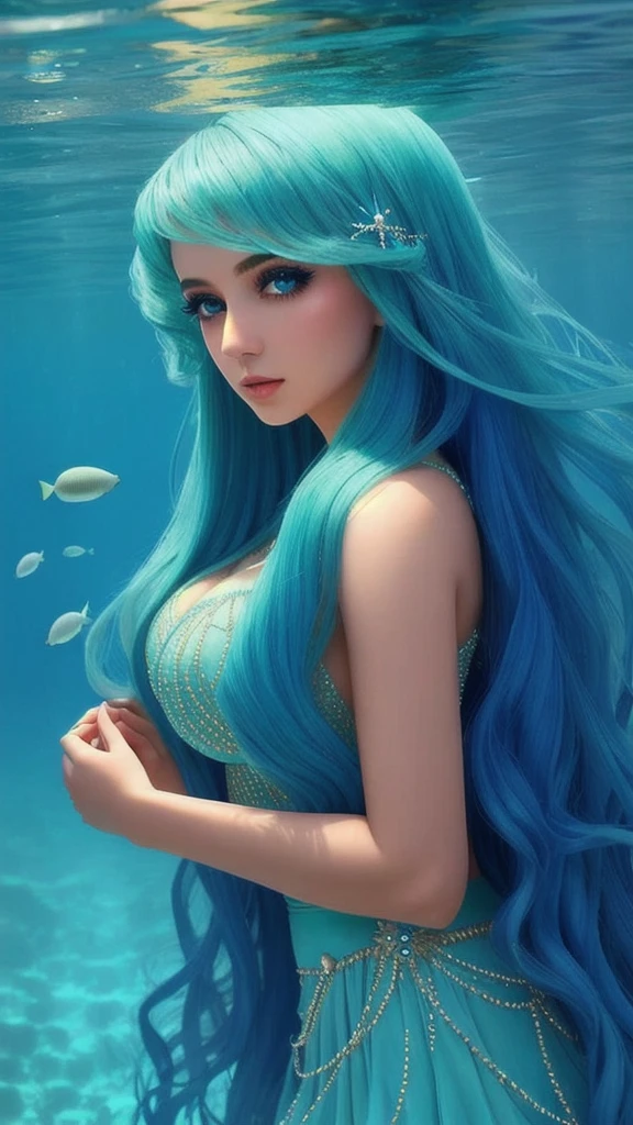 A young woman with voluminous hair in shades of blue and green, rippling like the waters of the ocean. Her hair is adorned with small shells and pearls that shine softly. Your eyes are a sparkling emerald green, with makeup in shades of blue and gold that recalls the depths of the sea. Your skin has a pearly glow, as if reflecting the light of the water. Ao fundo, there is a soft texture of corals and seaweed in pastel tones, that complete the underwater environment. 8 k quality, mystical and ethereal style.